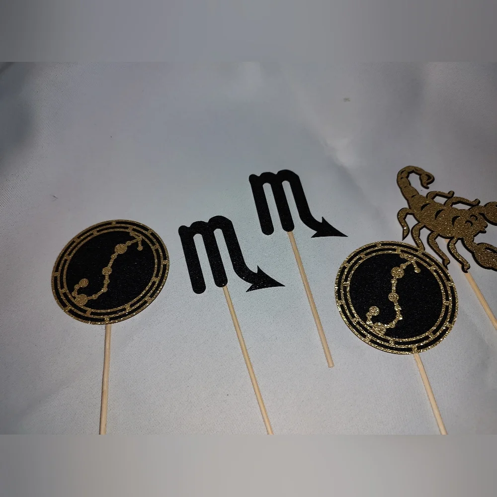 Scorpio Cake Toppers NWT-Open Container Black Gold Glitter Horoscope Scorpion